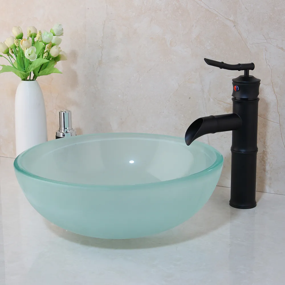 Monite Grey Tempered Bathroom Glass Sink Round Sink Set 4 Colors Glass Sink ORB Bamboo Waterfall Bathroom Faucet W/ Pop UP Drain