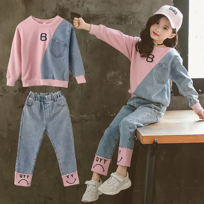 Baby and Girls Cotton Contrast Patchwork Alphabet SweatshirtDenim Pant Workout Set School Kids Tracksuit Child Outfit 3-14 Yrs 240407