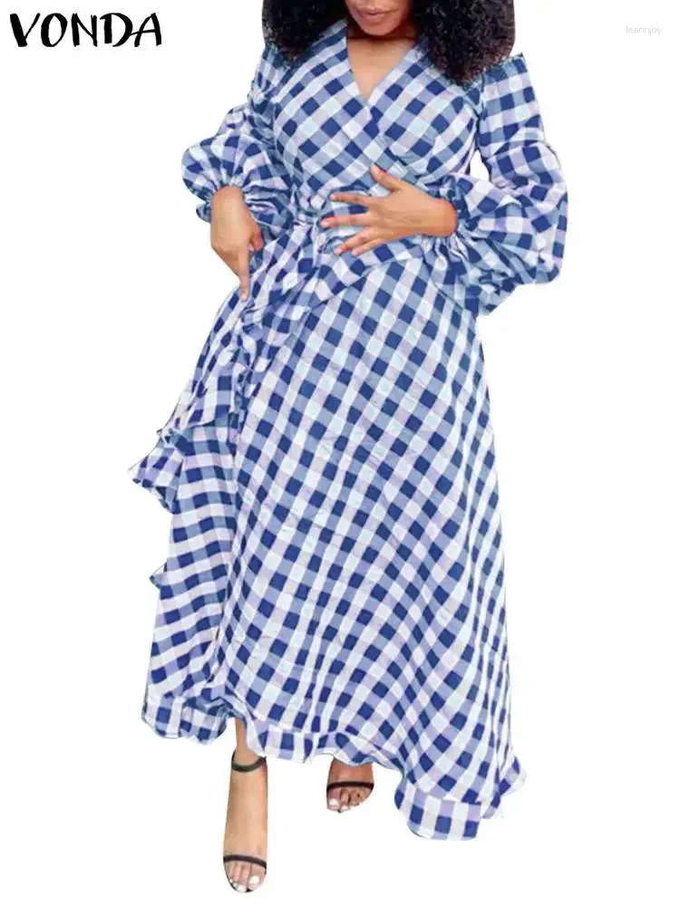 Casual Dresses Vonda Women Plaid Dress 2024 Long Lantern Sleeve Maxi Sundress Bohemian Loose V-ring Bandage Holida