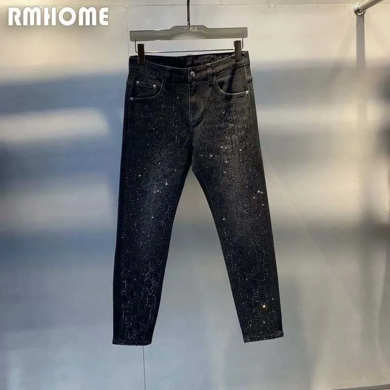 Men's Pants Rhinestone Jeans Mens Black Denim Small Feet Male Pants Fashion Brand Full Of Diamonds Design High-quality Trendy Trousers 36 J240409
