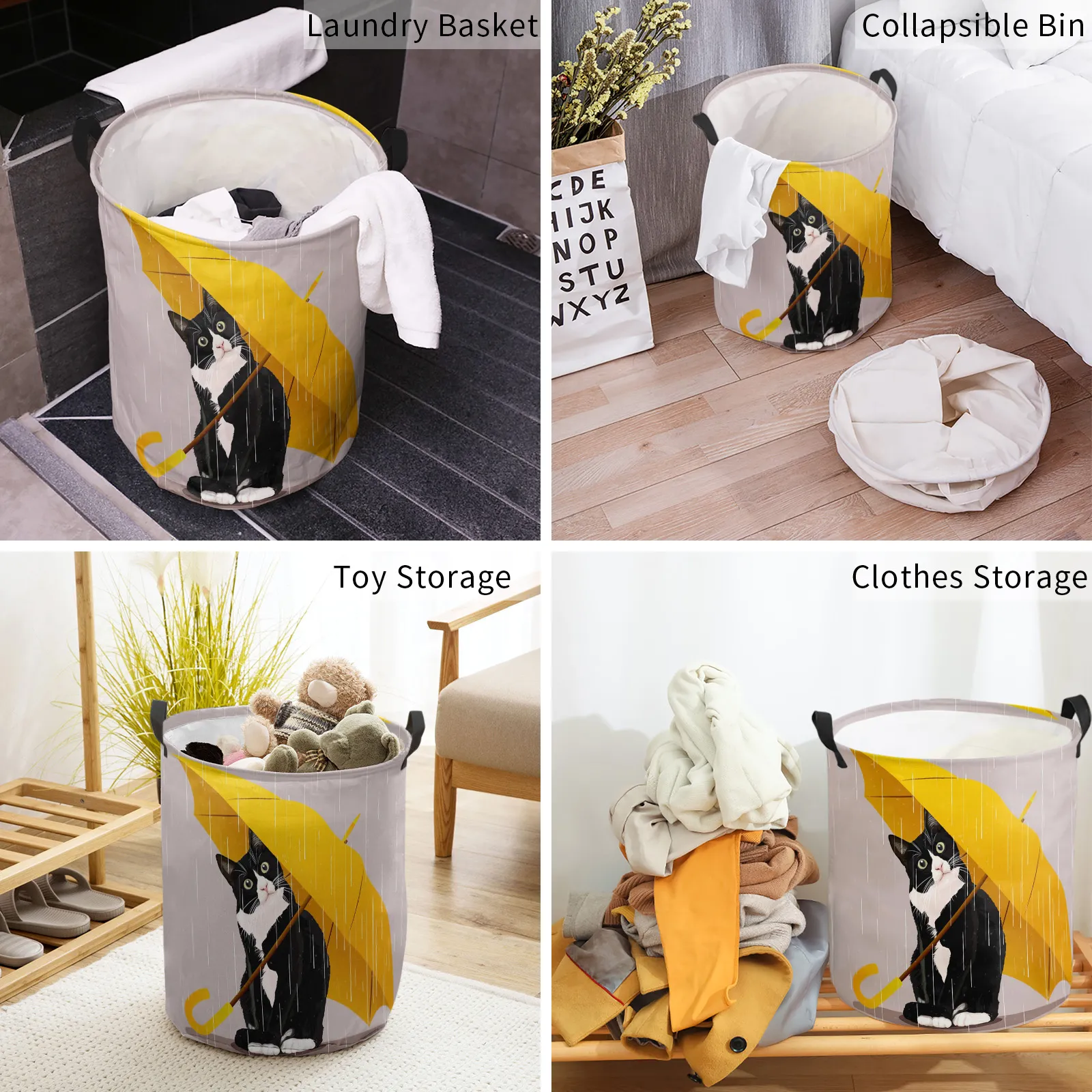 Yellow Umbrella Cat Dirty Laundry Basket Foldable Round Waterproof Home Organizer Basket Clothing Children Toy Storage Basket