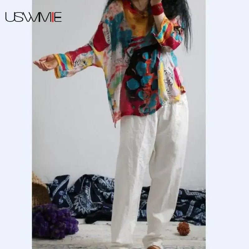 Dresses USWMIE 2017 Summer Vintage Art Ventilate Thin Cool Vneck Loose Women Tops Long Sleeve Print Bandhnu Comfort Plus Size Pullover