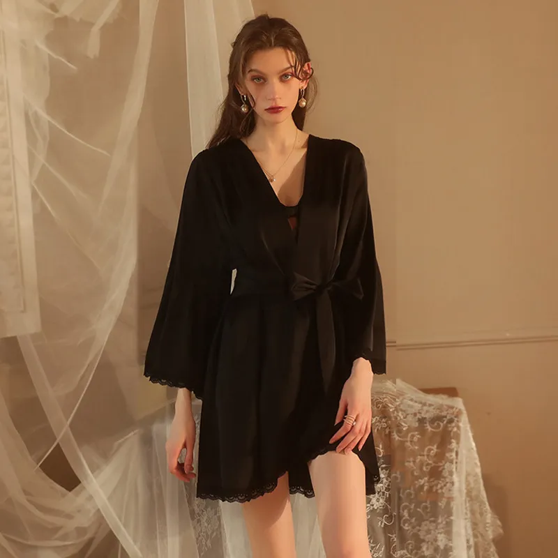 Черная ночная набор Peignoir Root Set Women's Sleepwear Sexy Woman Nightgown Sleepwear Deep V платья FG462
