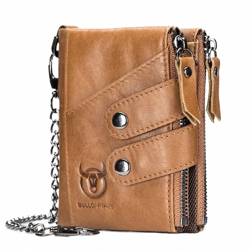 quality Genuine Leather men Wallet Brand zipper Man Purse Vintage cow leather Male card Coin Bag with ir chain H3Tb#