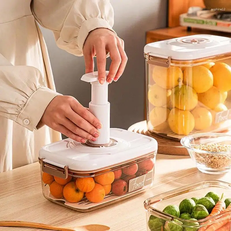 Förvaringsflaskor vakuum mat behållare transparent kylskåp arrangör med tid kompass manuell luftpump färskt kökslåda köksmaterial