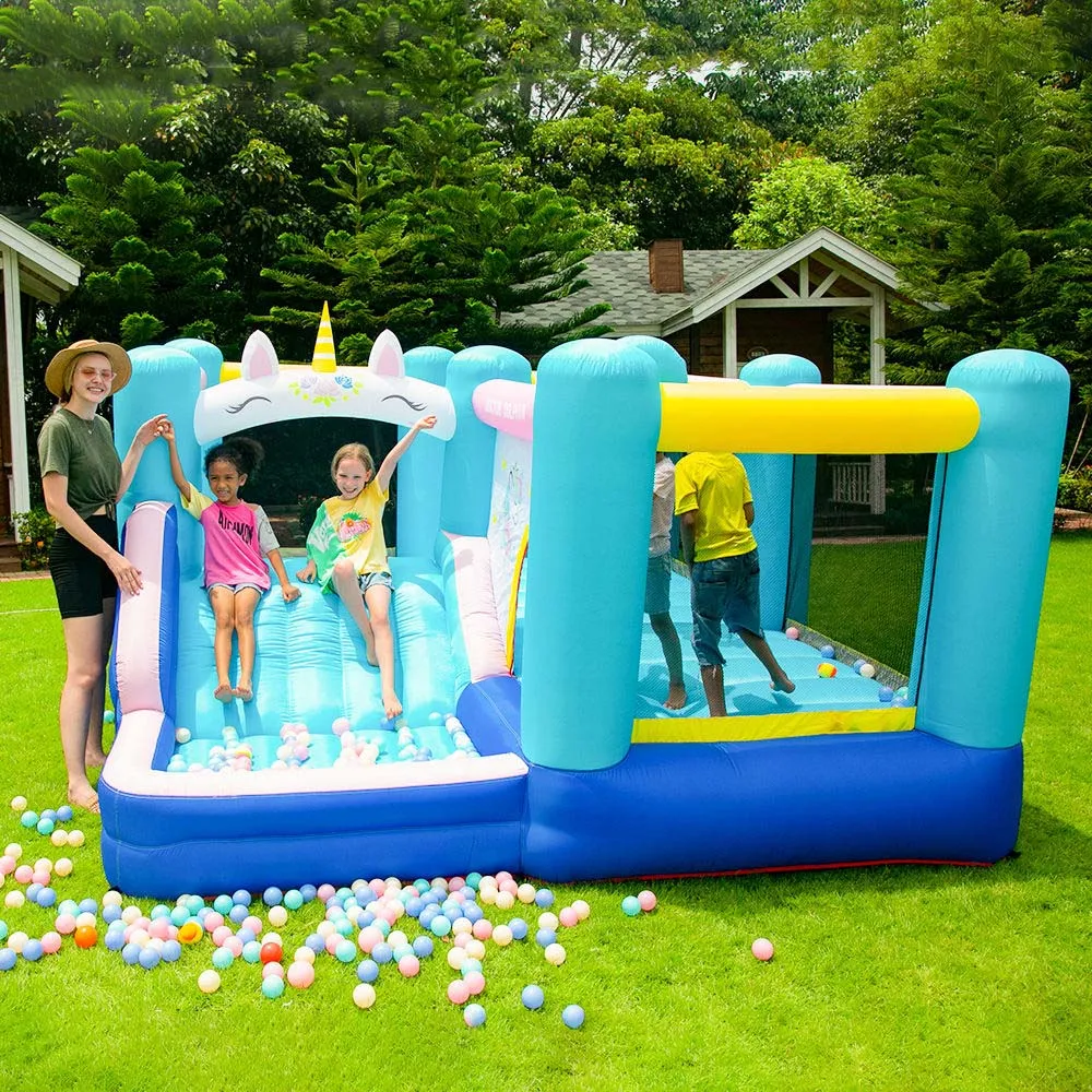 Opblaasbaar bounce huis met dia betaalbaar beste binnenkasteel voor kinderfeesten draagbare uitbundig combo jumper jumper playhouse speelgoed eenhoorn thema voor buitengebruik