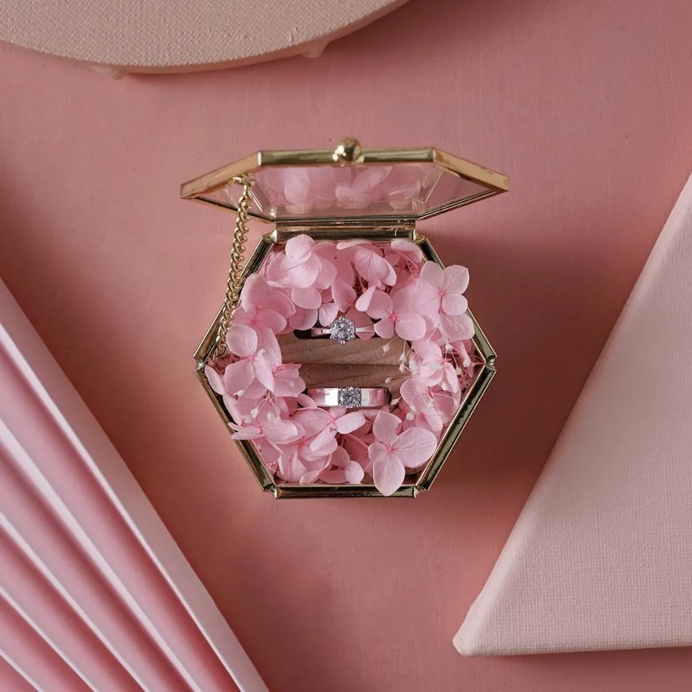 ring pillow or message flowerガラスケース アレンジ Glass Ring Pillow with Brass and Gold Accents for Wedding Ring