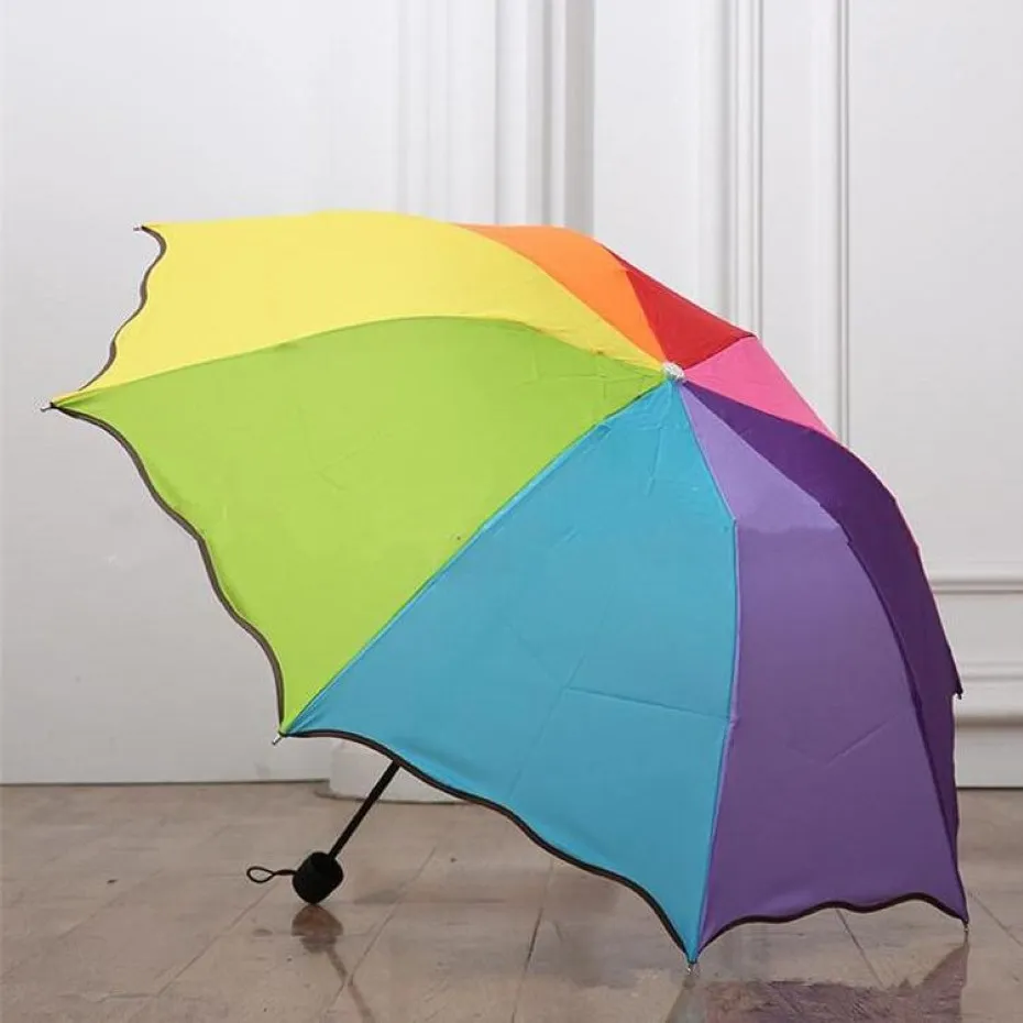 200pcs Lot neuer farbenfrohe dreifache Falbala Regenbogen Regeny Telescopic Umbrella272e