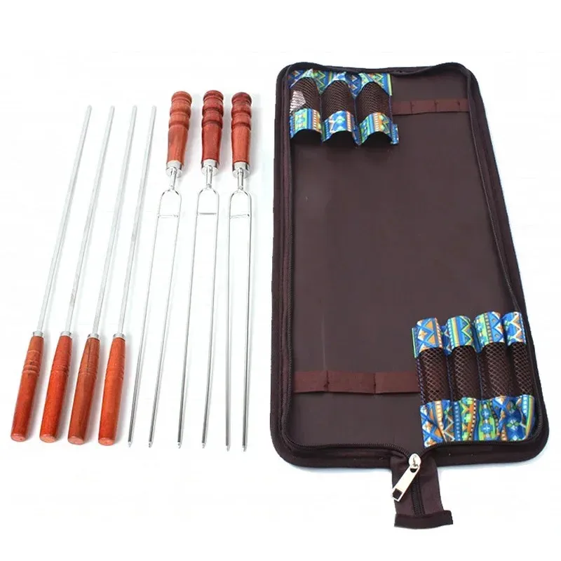 7strostfritt stål grillspett utomhus bärbara BBQ nål/pinnar gaffel set trähandtag picknickverktyg