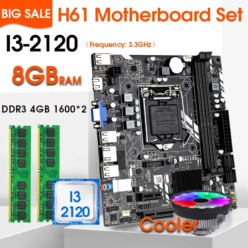 Placas base LGA1155 H61 MMOTHERBOERD Set con Intel Core i3 2120 2PCSX4GB = 8GB 1600MHz Memoria DDR3 con refrigerador