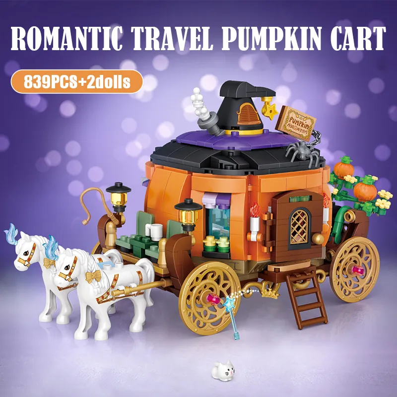 LOZ Mini Halloween Cottage House Building Bloum Moc Pumpkin Car Carriage Bricks Assembly Toys Figure For Children Halloween Gift