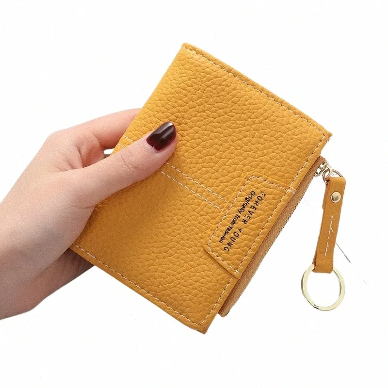 Nya gula kvinnor plånbok mjuk pu läder kvinnlig handväska mini hasp korthållare mynt korta plånböcker smala liten handväska blixtlås nyckelchain r4rk#