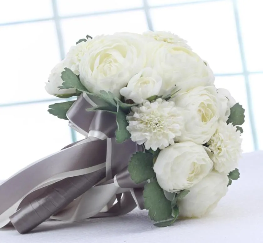 Bride Holding Bouquet Artificial Peony Cascading Flores de casamento de seda Branca com folha verde 25cm new4985077