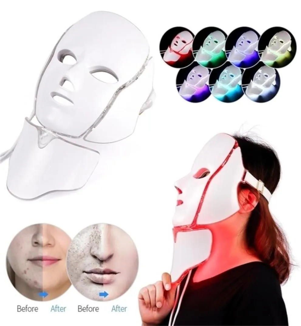 Gesichtspflegegeräte 7 Farben LED MASK MASCHE Schönheit Haut Verjüngung Pon Therapie Akne Hals Ziehte Entfernung Aufweichen 2211099180933