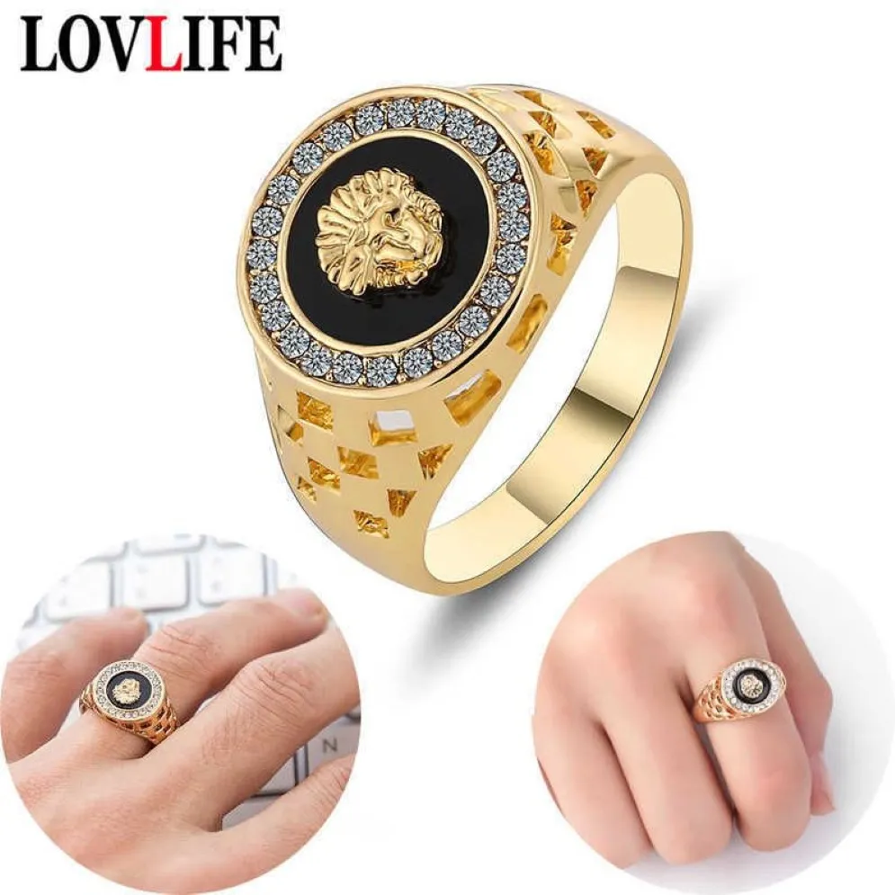 Punk Men Lion Head Rings Crystal Emamel Ring for Women Gold Alloy Hollow Finger Vintage Hip Hop Rock Party Brand Jewelry309Z