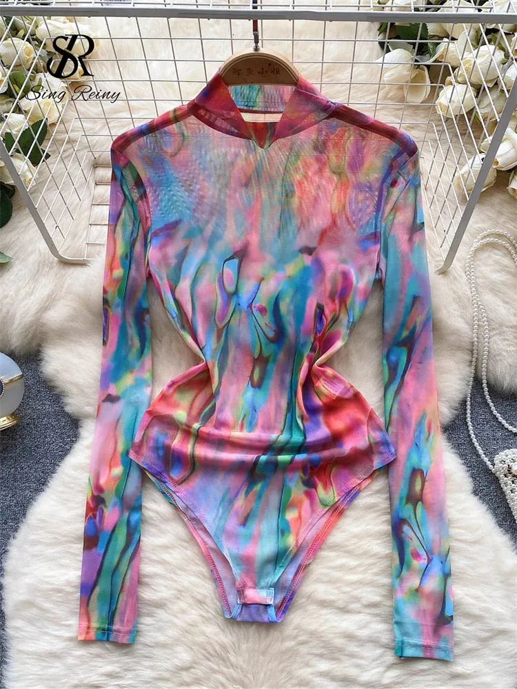 Singreiny American Retro Tie Dye Print Print Playsuits 스탠드 칼라 긴 슬리브 슬림 예술 상단 오픈 가랑이 섹시 바디 수트 240408