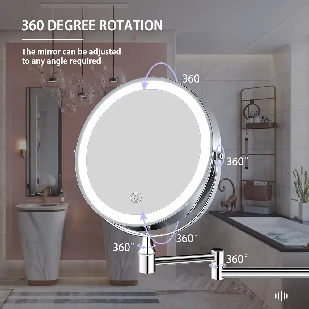 Laddningsbar väggmonterad sminkspegel 8 tum dubbelsidig 10 gånger förstoring badrum spegel 3 färgljus berör kosmetiska speglar