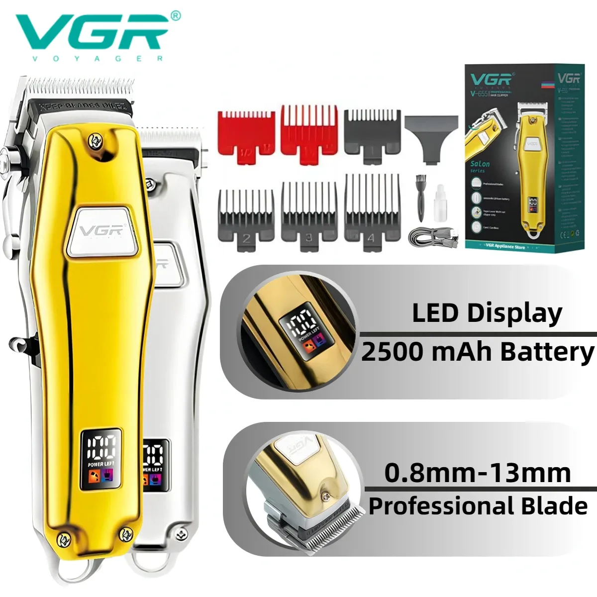 Clippers VGR Barber Trimmer For Men Cabelo Profissional Clipper Metal Shell Trimmer Electric Trimmer LED Máquina de corte de cabelo V655