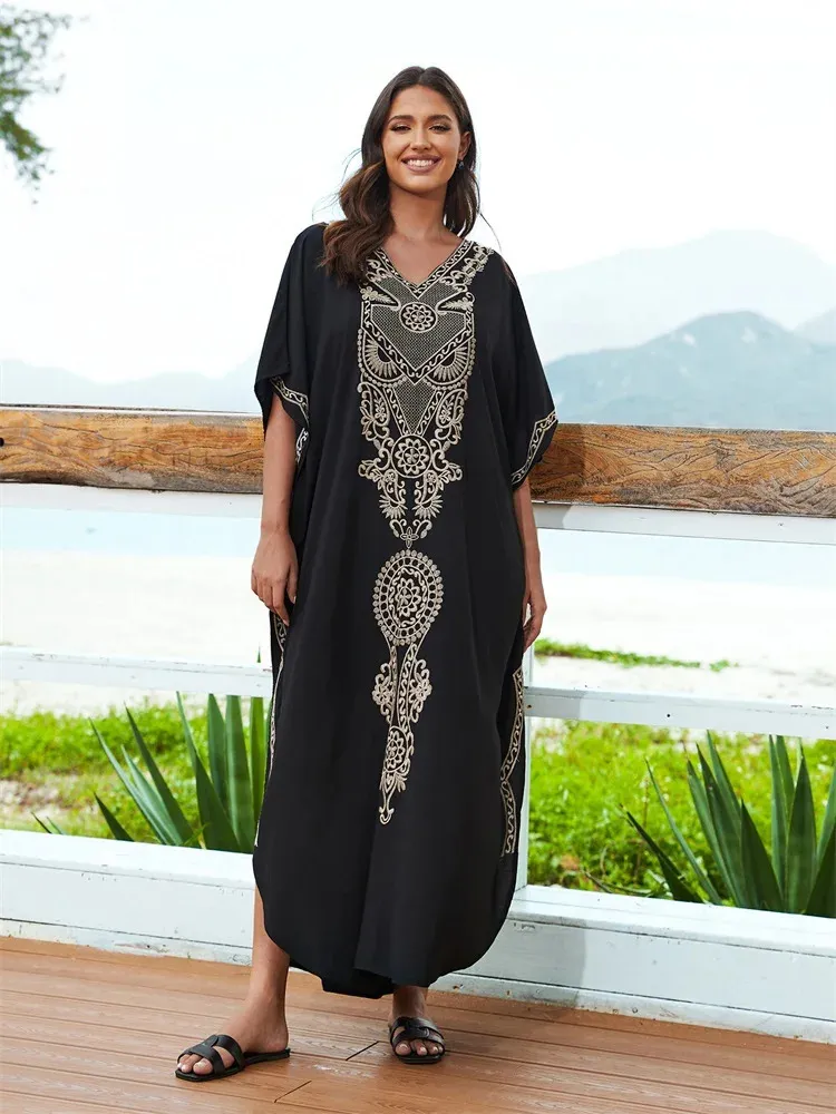 Causal Embroidery Printed Vneck Batwing Sleeve Oversize Kaftan Women Summer Beach Dress Plus Size Maxi Dresses Q1607 240410