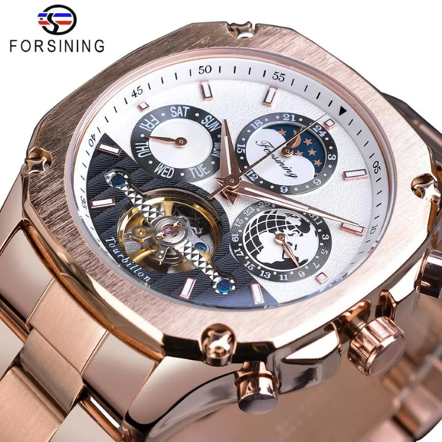 ForsiNing Mens Fashion Brand Mécanique Rose Gold Tourbillon MoonPhase Date Steel Band Automatic Watches Relogio Masculino221Z