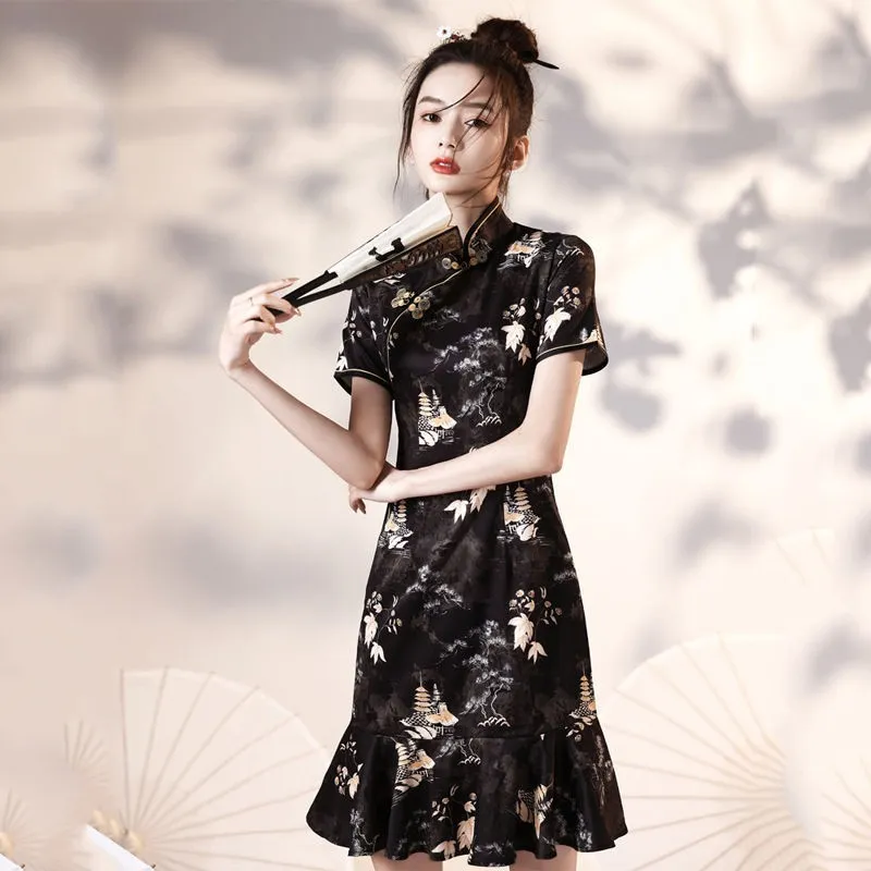 black chinese mini dress Elegant Black Chinese-Inspired Mini Dress with Puff Sleeves for Women
