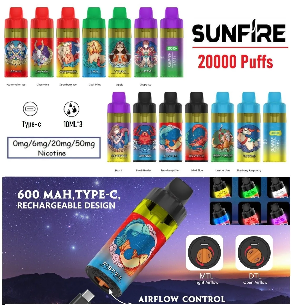 Authentic Sunfire 20000 Puffs Mesh Coil Disposable Vapes Pen Kit Puff 20K E Cigarettes Rechargeable 600mAh Battery 6mg 12 Flavors Dtl Vaper with Cute Zodiac Stickers