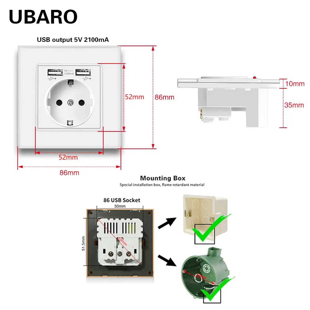 UBARO UE padrão AC110-250V 16A Painel de vidro de cristal de luxo de luxo tomada de energia elétrica com plugue com USB 5V 2100mA 86*86mm