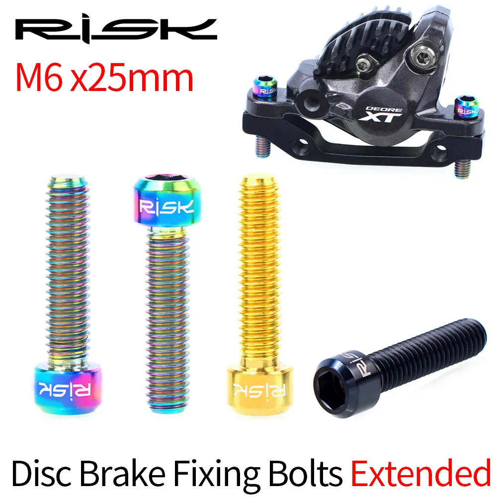 RISK 2pcs Mountain Bike Disc Brake Caliper Fixing Bolts Titanium Alloy M6x25mm Lengthened Style Front/Rear Brake Fixed Screw