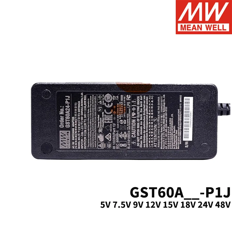 Mean Well GST60A P1J 60W Power Adaptor 5V 7.5V 9V 12V 15V 18V 24V 48V Meanwell Universal Charger Power Supply