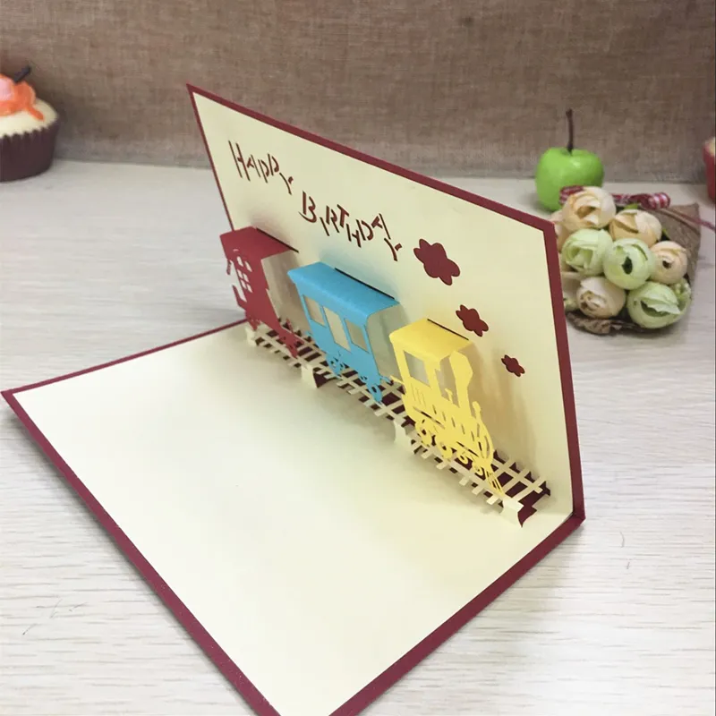 1pcs Happy Train Laser Cut Paper Greeting 3D  Up Kirigami Card Wedding Invitation Birthday Valentine`s Day Postcards Gifts (4)