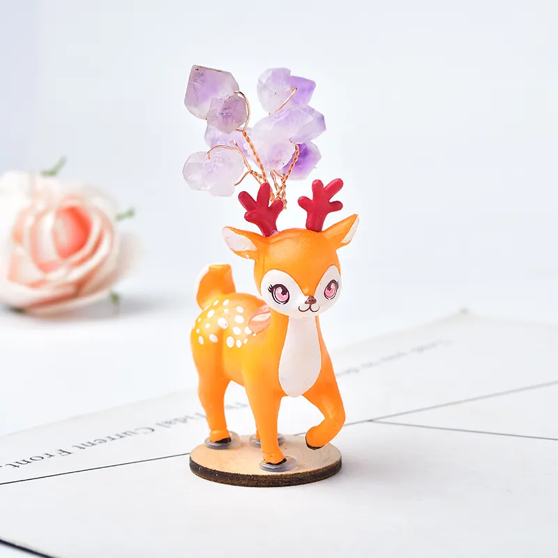 Ametista naturale Ametista Christmas Christmas Lucky Tree Stone Mineral Ornaments Sika Deer Figurine Decorazioni natalizie