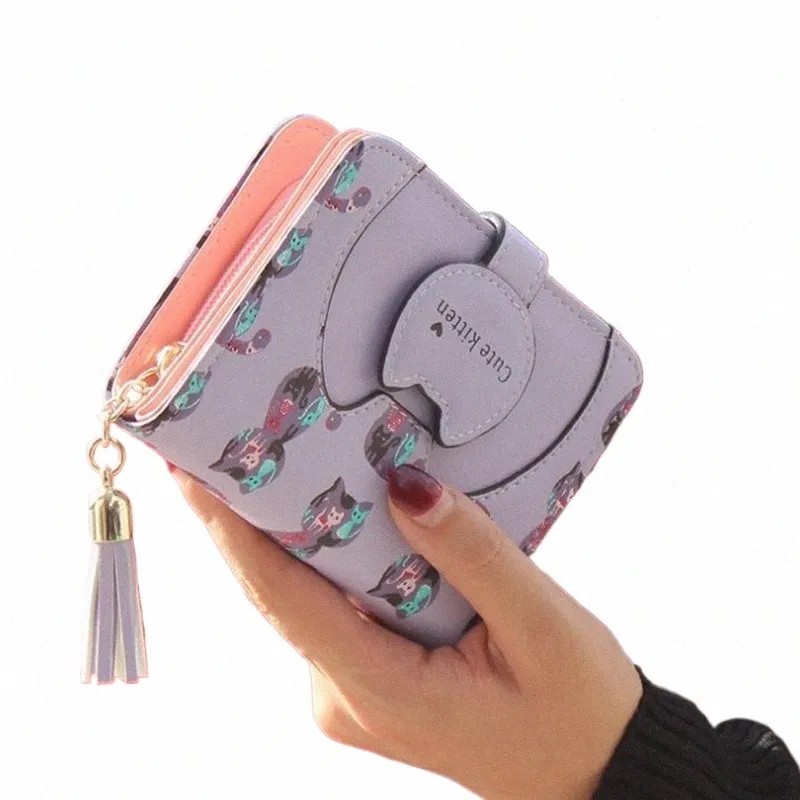 Tassel Carto Cat Women Women Printing PU Couro Mulheres Marinha Projetada de moedas Purse feminina Porta de carta Feminina Cute Girl Wallet E6ko#