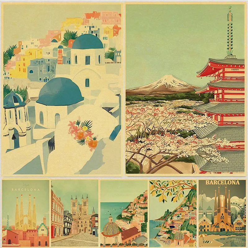 Vintage Anime Travel City Landscape Poster Morocco Paris Decorative Prints Wall Pictures for Home Living Room Wall Paintings