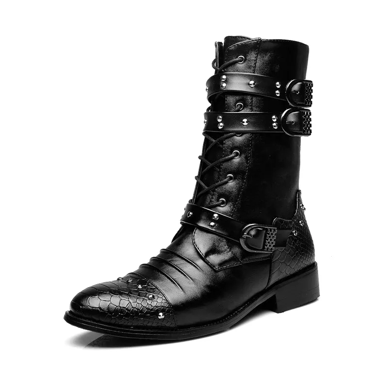 Idopy Autumn Gothic Men Mid-Calf Pointed Toe Faux Leather  display picture 1