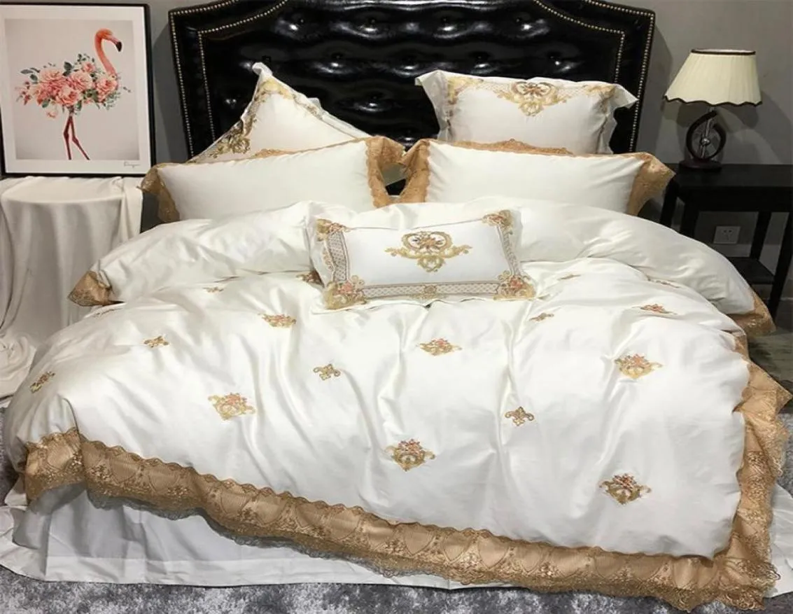 Oriental Embroidery Luxury Royal Bedding Set Egypian Cotton Lace Golden White Queen King Bed Set Bedlinen Sheet Duvet Cover Set4716664