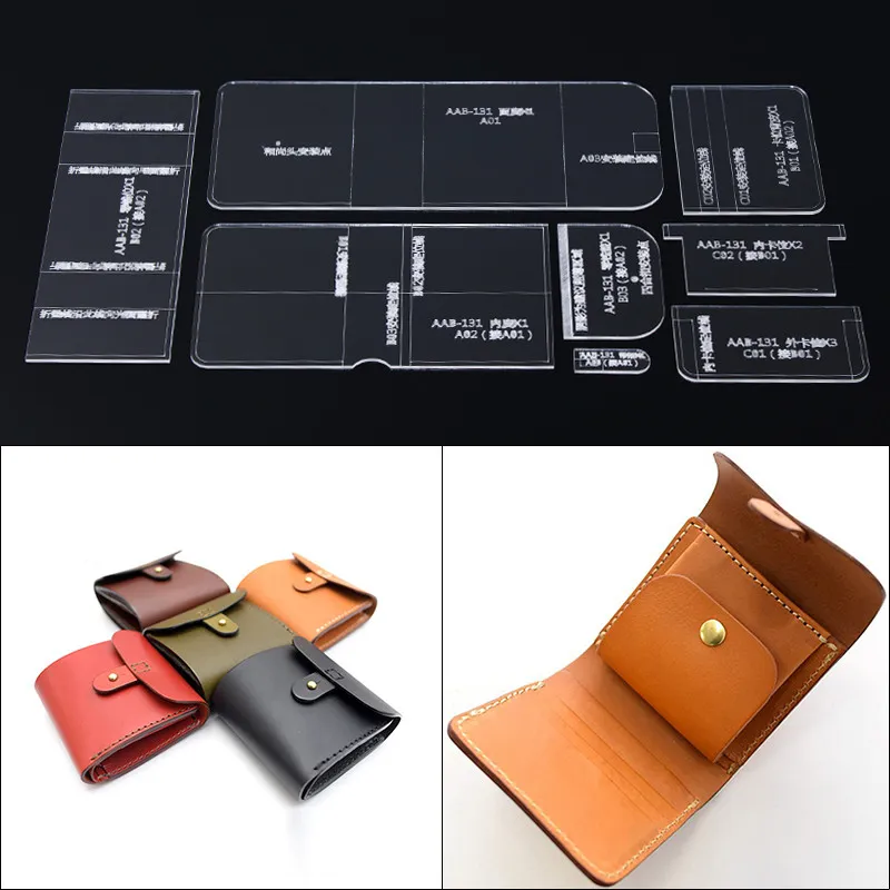 1Set Laser Cut Clear Acrylic Mall Mönster för DIY handgjorda korta plånboksläder hantverk Symönster Systencils