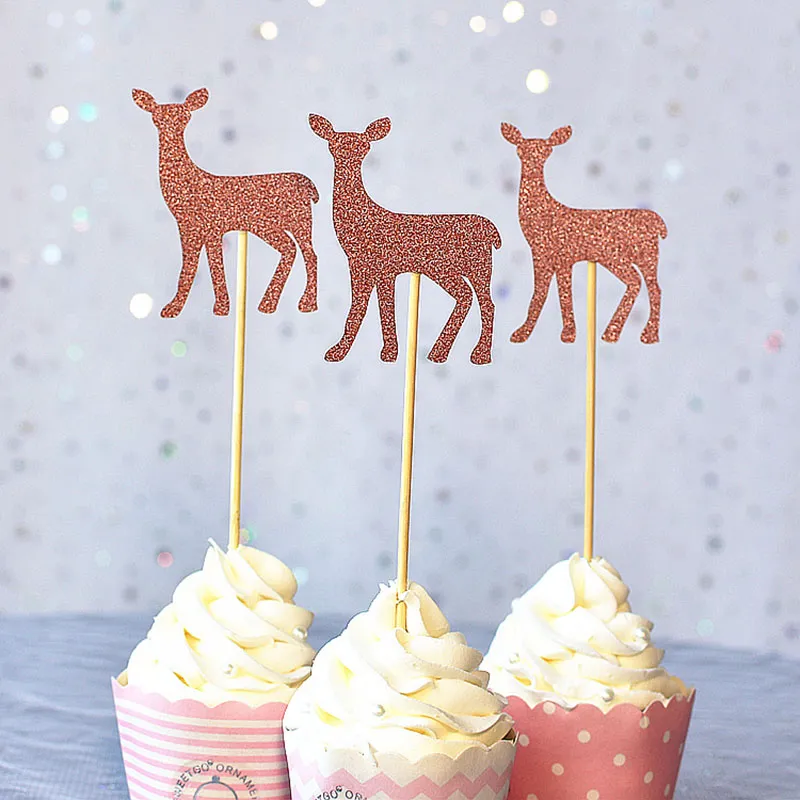 3stGlitter Deer Cake Topper för födelsedagsfest cupcake efterrätt bakförsörjning efterrätt insatt bunting djur diy flagga
