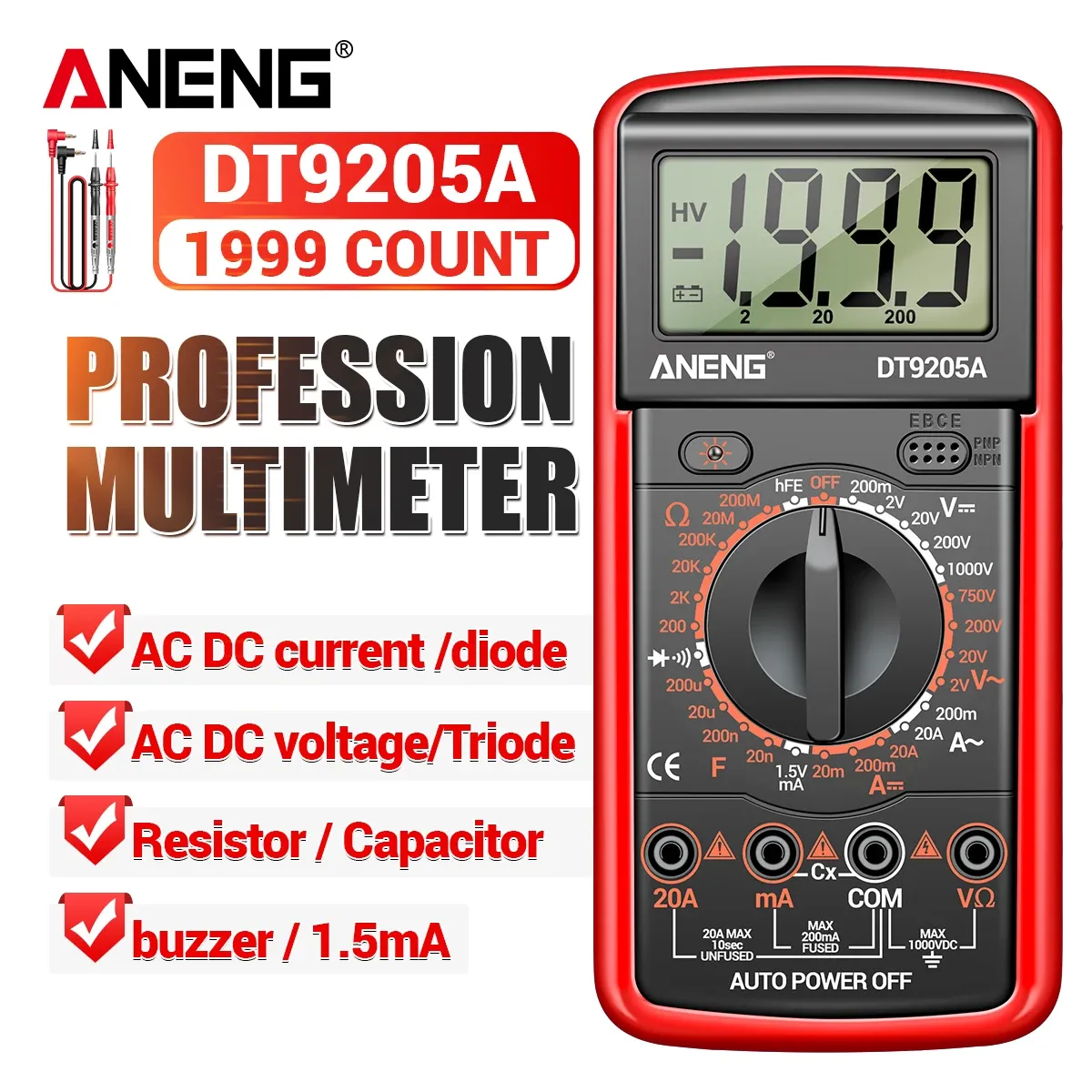 ANENG DT9205A-12 1999 카운트 디지털 멀티 미터 AC/DC 전류 전압 테스터 전기 테스트 미터 프로세션 아날로그 멀티 메트