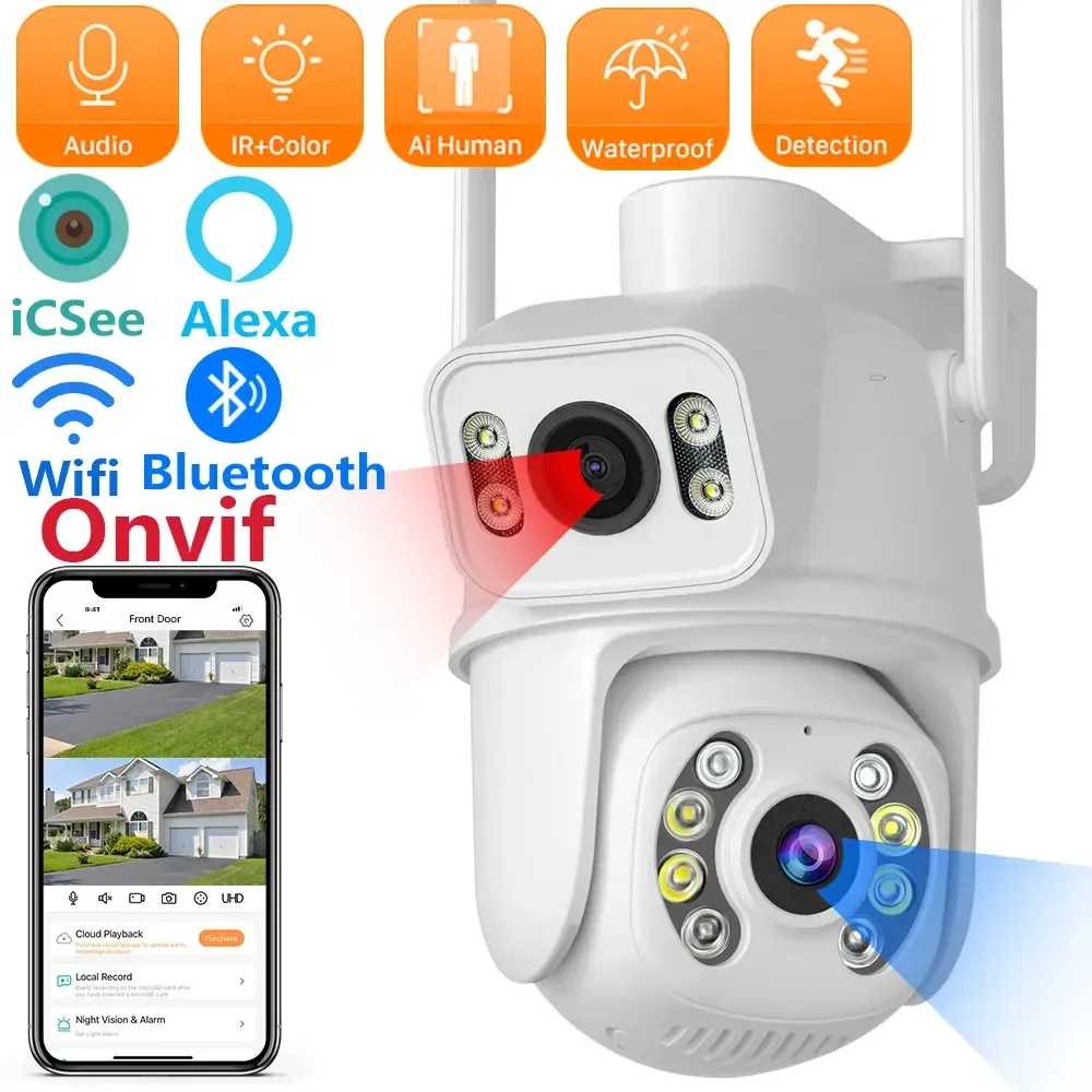 Lens 8MP PTZ IP Camera DualLens Multiple Views Human Detect Smart Night Vision Wifi Bluetooth Connection Surveillance Camera ICSEE