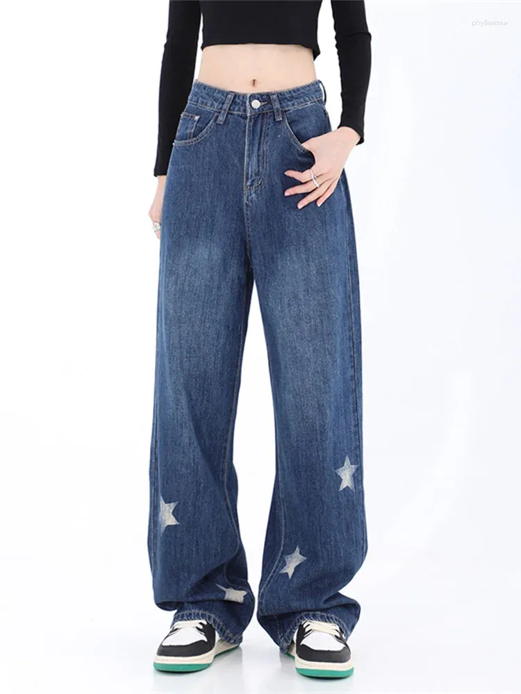 Kvinnors jeans stjärna mönster tryck hög midja lös hiphop kvinnlig bred ben denim byxor damer tvättade golvlängd retro