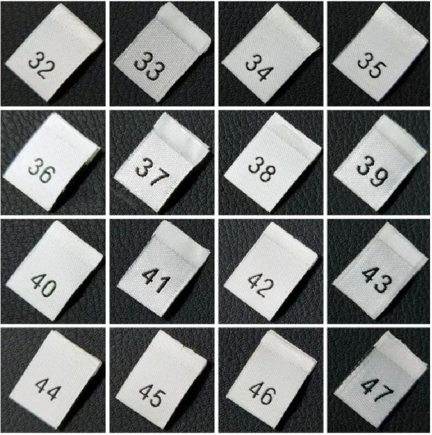 Étiquettes de taille 200 pcs pour le numéro de vêtement 0-39 taille noire / blanc / polyester étiquettes pliées pliées tags de couture 35 * 12 mm lb-036