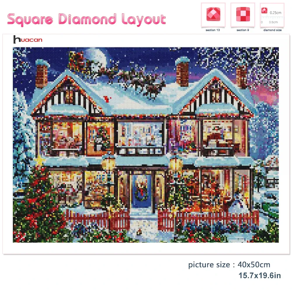 Huacan 5d Diy Diamond Painting Christmas House Home Decor Diamond Brodery Snow Snow Snower Mosaic Wall Sticker