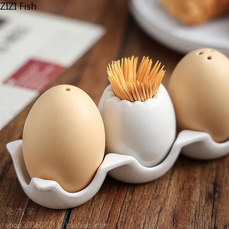 Creative Egg Shape Pepper Bottle Ceramic Spice Bottle Set with Tray Toothpick Box Kitchen Salt Sugar Bowl Home Seasoning Tool