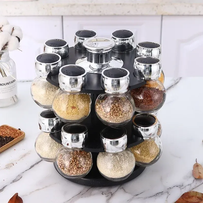 Sudar Storage Rack Rotating Spice Rack Organizer - 16 Jar Condiment Set, Kitchen Storage ...