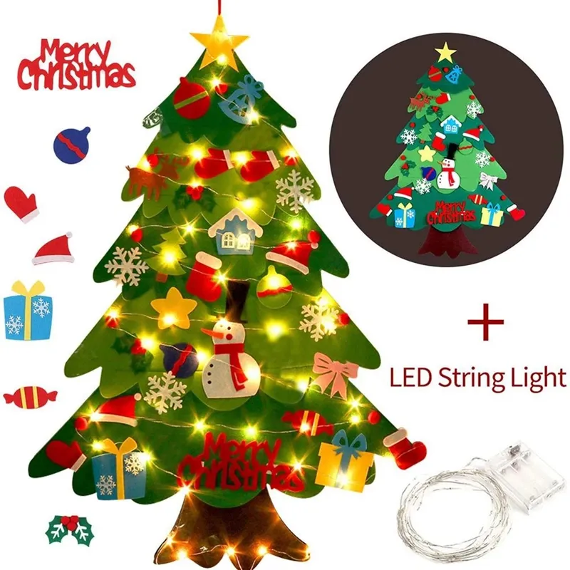 Kids DIY Felt Soft Christmas Tree with LED String Light Home Navidad 2021 New Year Gifts Santa Claus Christmas Tree Home decor