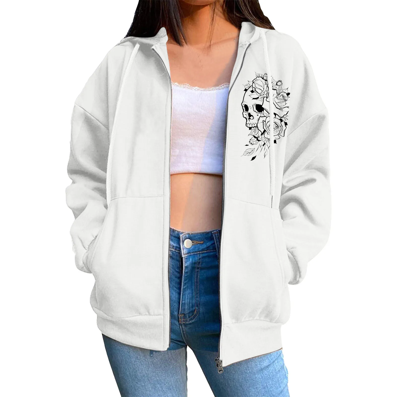 Kadınlar Gotik baskı kapüşonlu çekiliş ile zip cep uzun kollu ceket gevşek genç kızlar kadın hoodies sudadera mujer