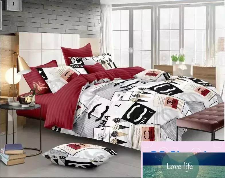 寝具セット高級デザイナートップクラシックレター印刷ラブプリントキルトカバーピローケース4pcsセットピュアコットン快適な寝具セットベッドルーム