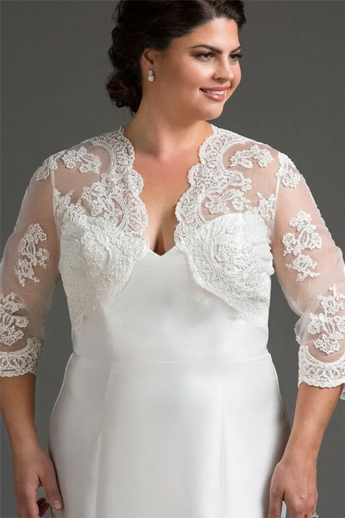 DHgate Exquisite Bridal Boleros 3 4 Sleeve Appliques Lace Shrugs for Wedding Jackets Wedding Party Events