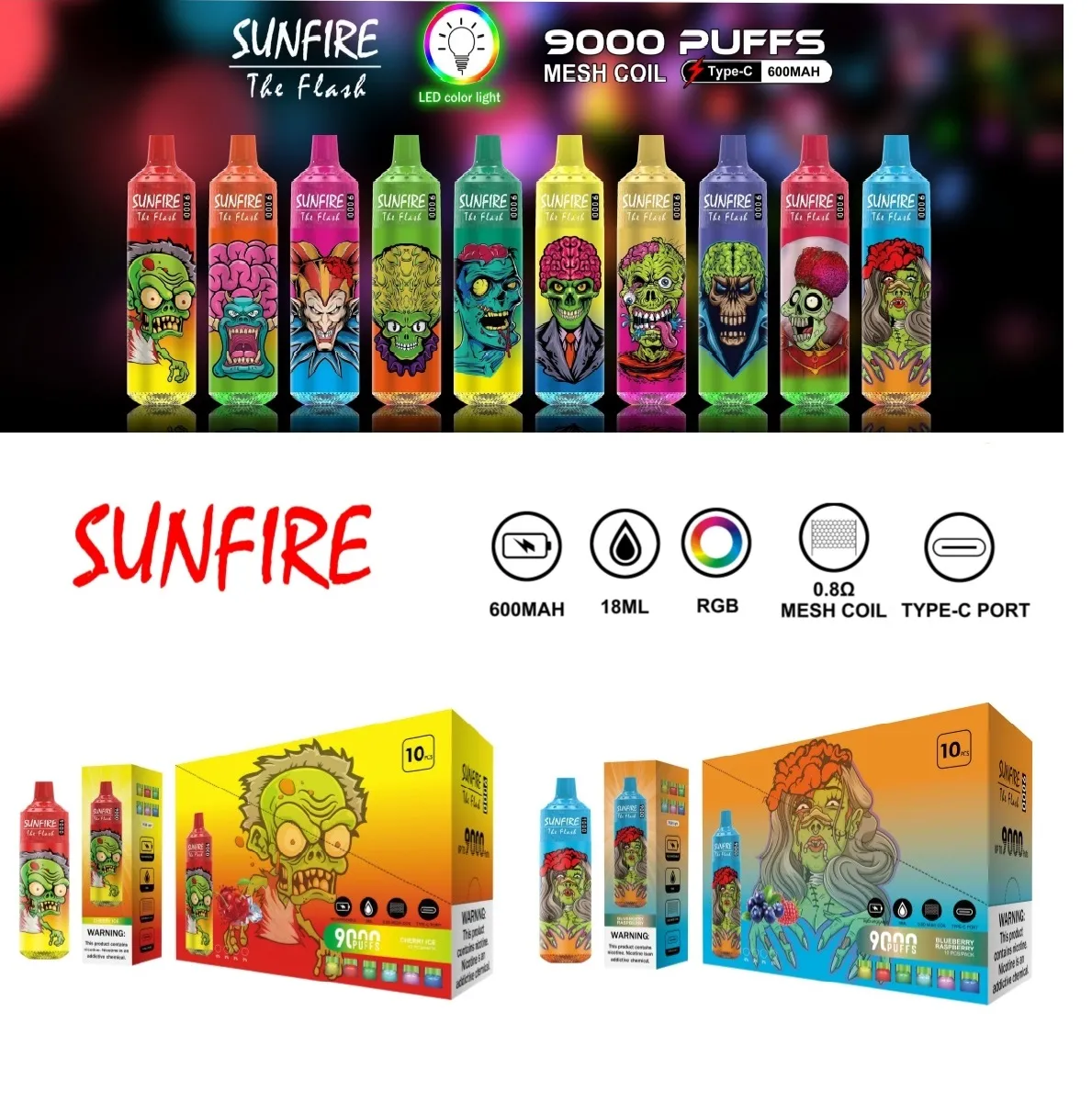 Livraison rapide Sunfire 9000 Puff 9k Cigarettes électroniques jetables 18 ml Vape 0mg 2mg 5mg Rechargeable 600mAh Shisha Vape 15k 12k Puffes Vaper RNM Tornado France Vaper tchèque Vaper