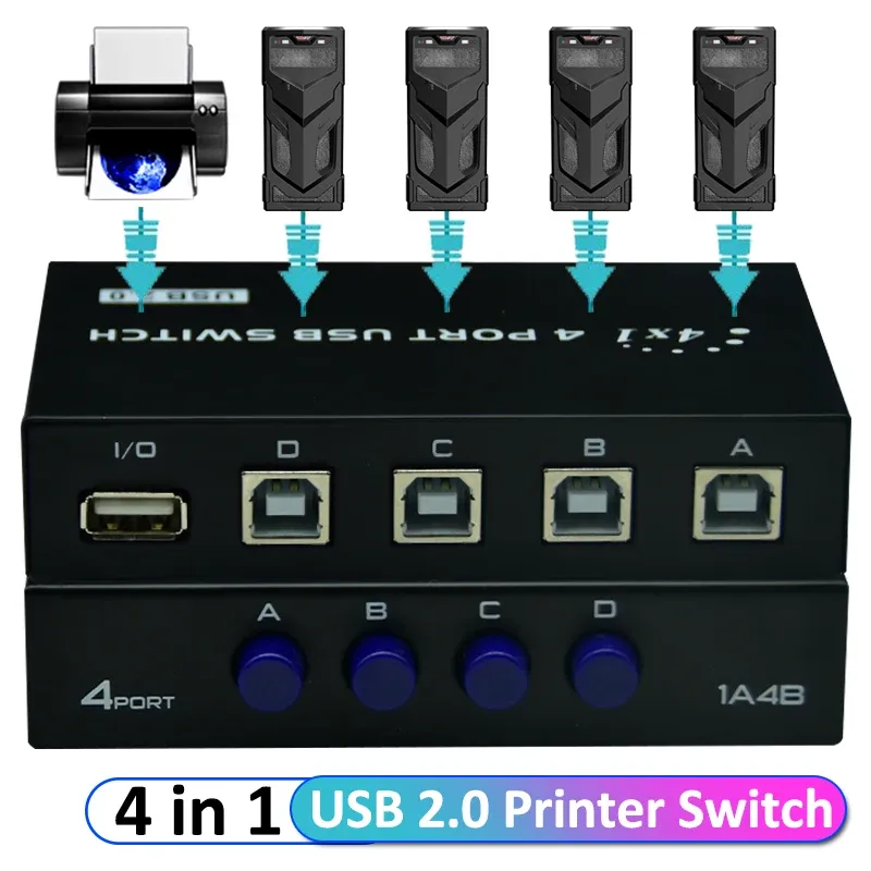 Hubs 4 Ports USB 2.0 Sharing Switch Switcher 4 or 2 in 1 Out Printer Cable Adapter Box For PC Scanner Printer Laptop Desktop Computer